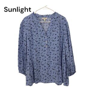 Como Blu Womens 100% Rayon Blue Floral Print Top Blouse SZ 2X V-Neck 3/4 Sleeve